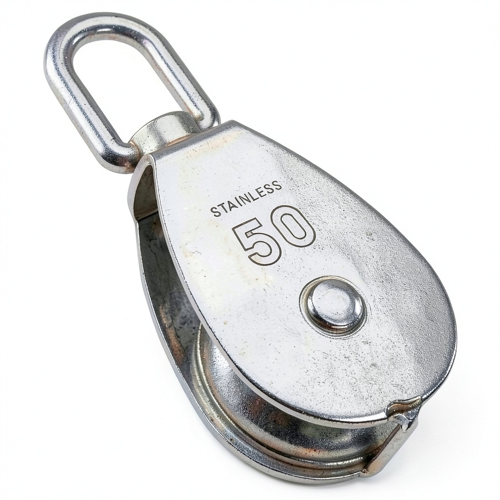XINDELE snatch block showing stainless steel construction and dimensions
