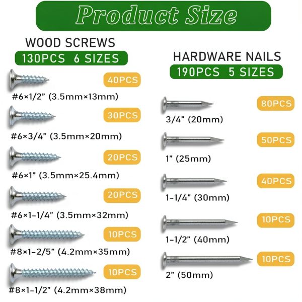 Hardware Nails & High Hardness Wood Screws Kit 320pcs Ruibapa-1